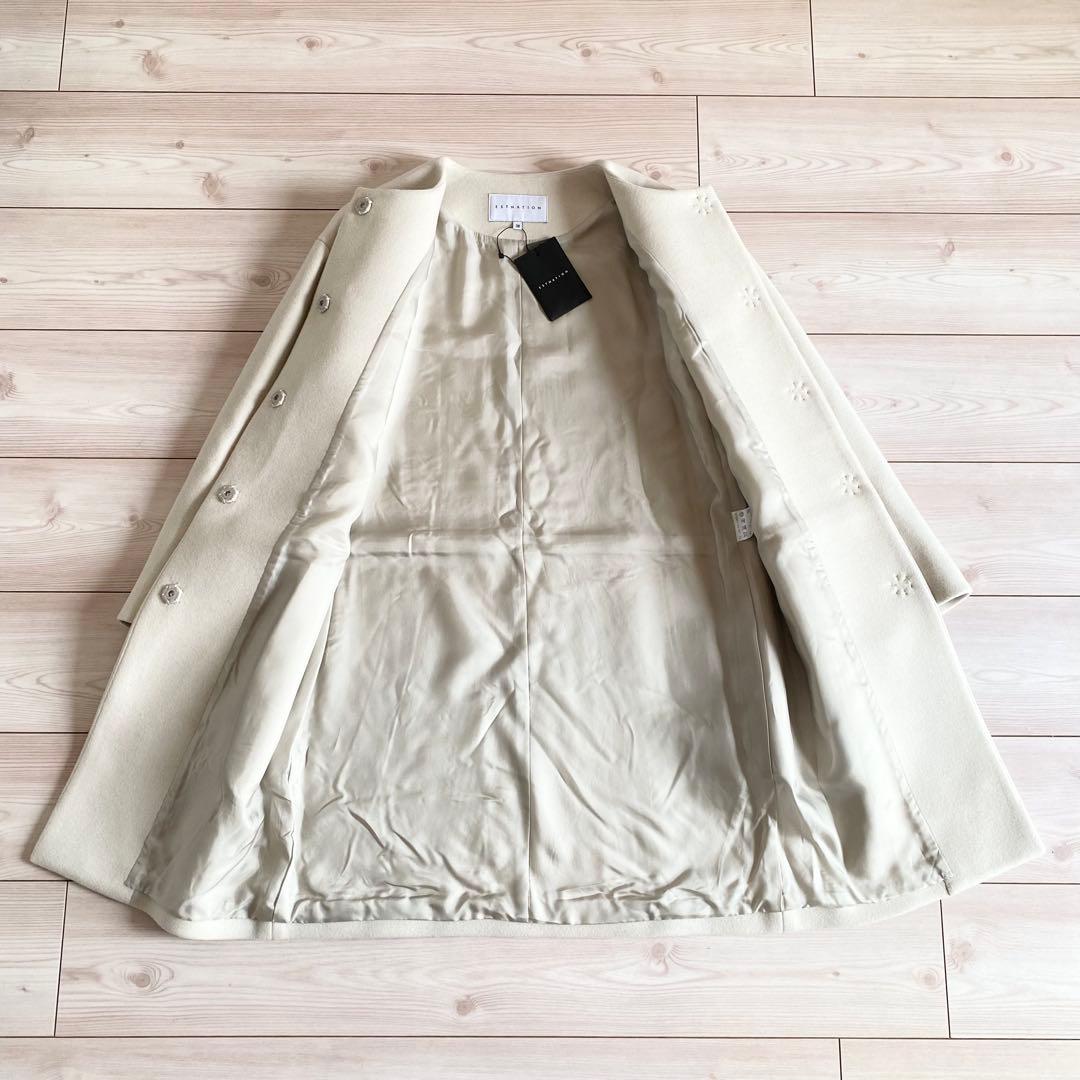 未使用タグ付 ESTNATION ウールビーバー ノーカラーコート アイボリー