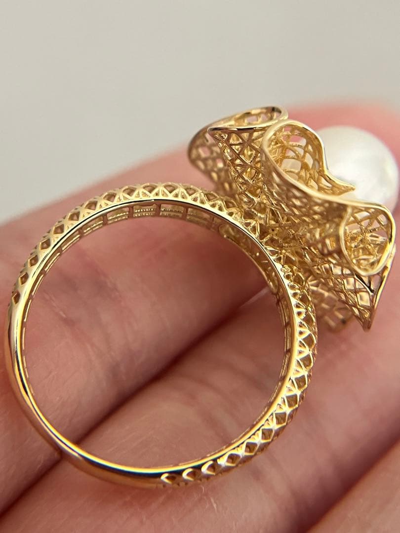 新品K18YGアコヤパール8mmフラワーリング指輪