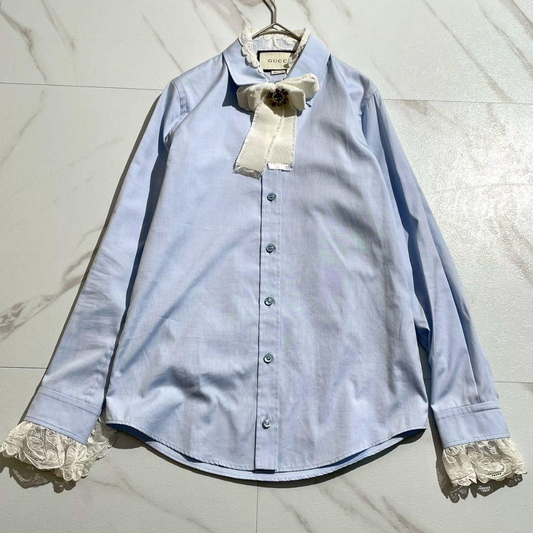 希少/リボンブローチ付き☆グッチ　長袖ブラウス　レース　38　イタリア製