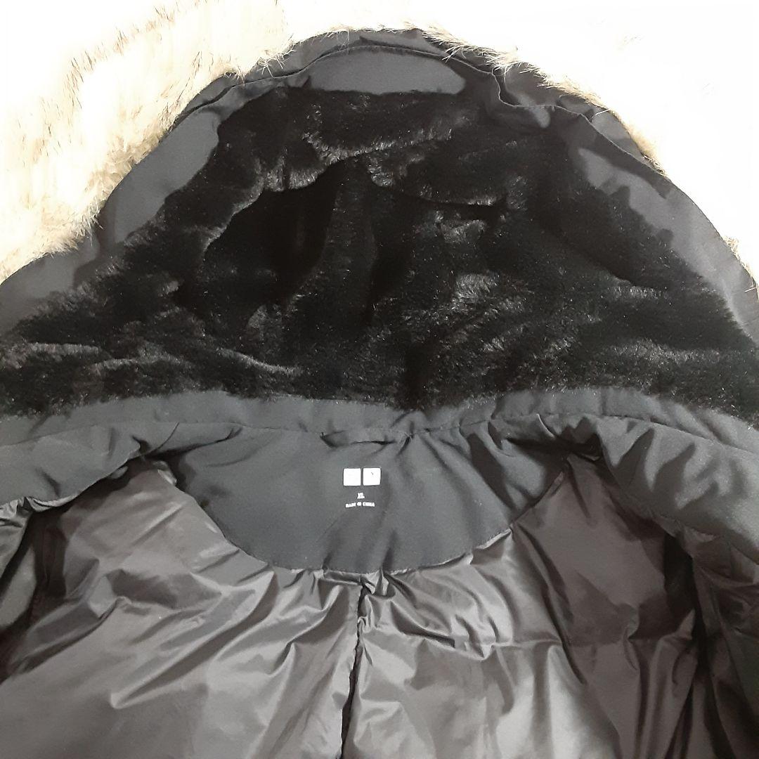ユニクロ　大きめサイズXL　ダウンロングコート　黒　ファー付フード内ベロア　美品