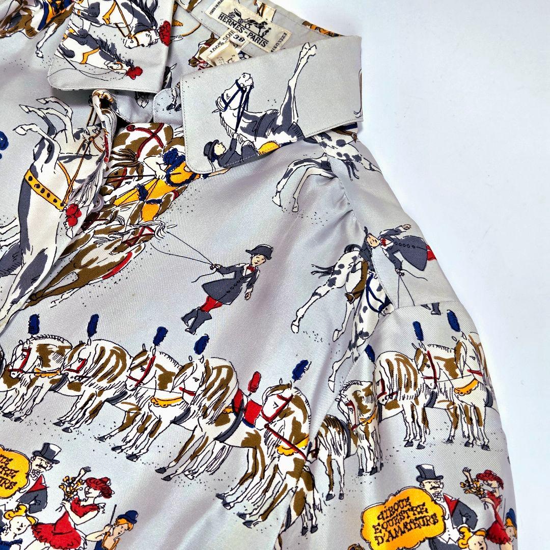 HERMES エルメス シルクシャツ 38 馬柄 サーカス 動物 ブルー系 長袖