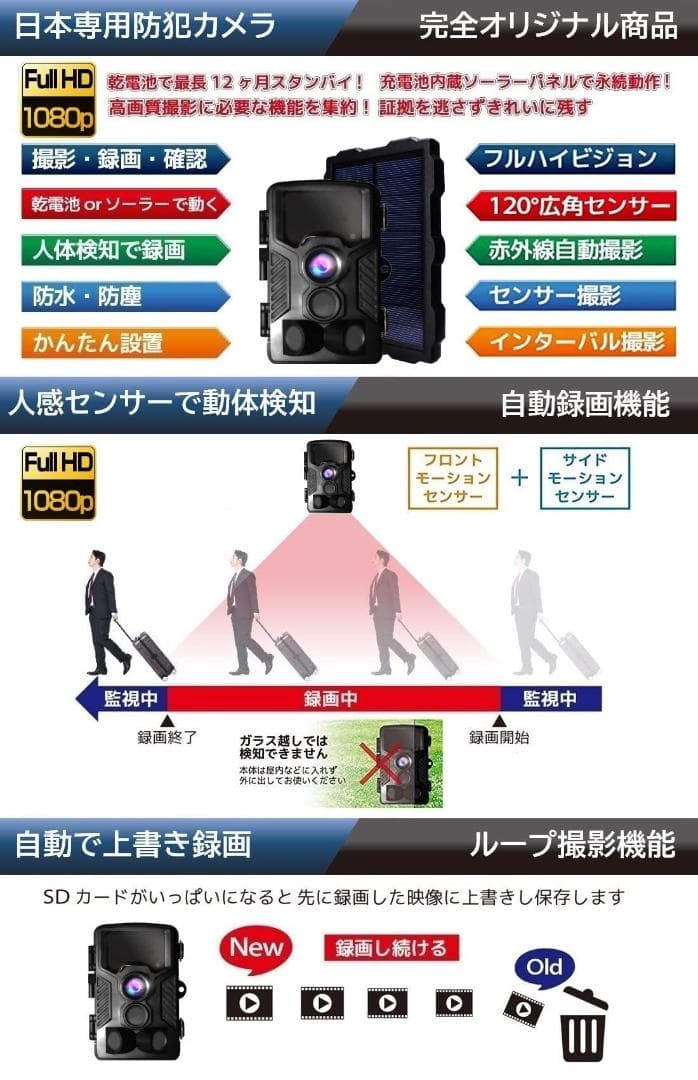 高画質 ソーラーパネル付き防犯カメラ