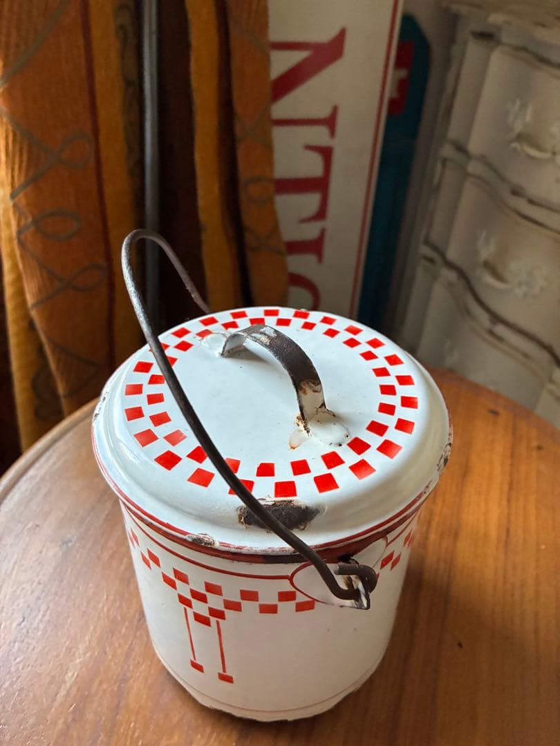 フランス　アンティーク　ホーロー　ストッカー　キャニスター　ダミエ　市松　レア