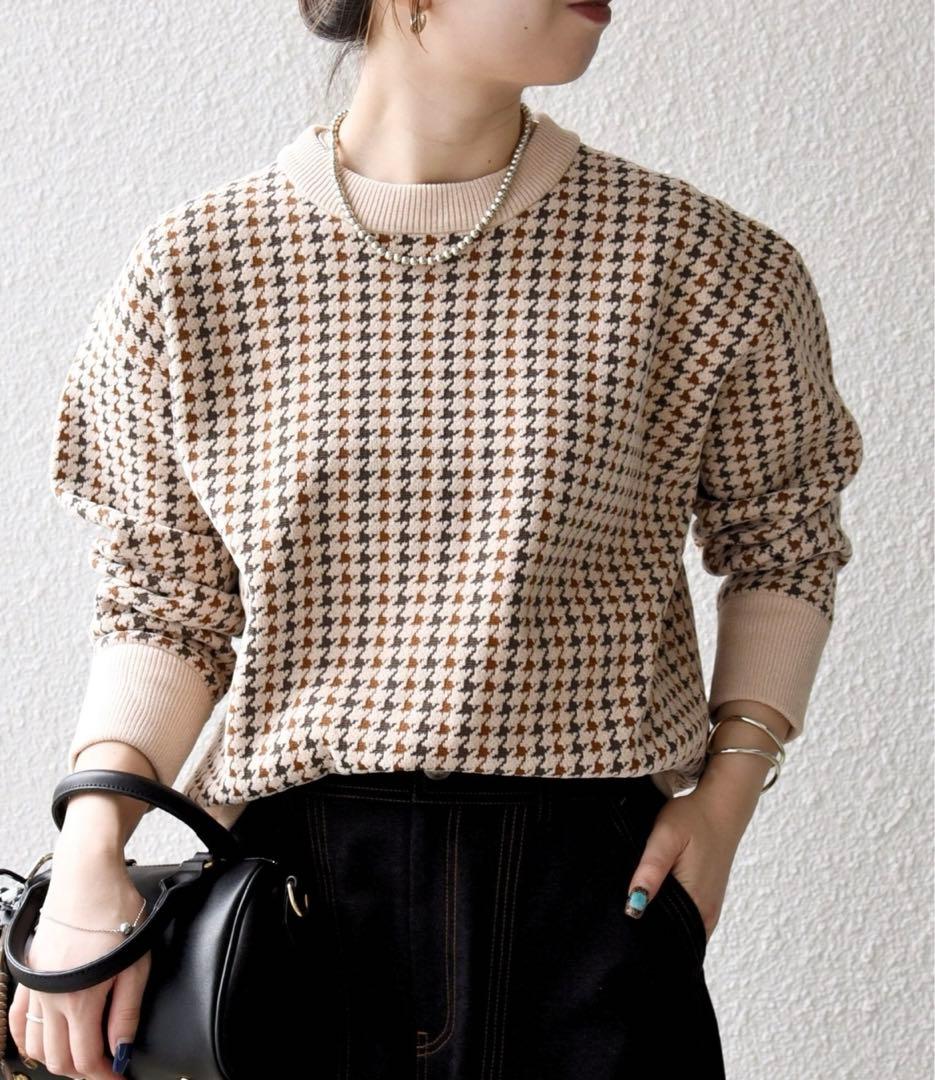 SHIPSany 手洗い可モールヤーン クルーネック ロゴ 千鳥柄 プルオーバー