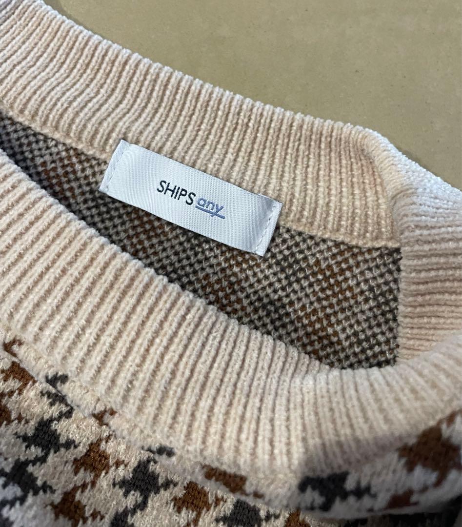 SHIPSany 手洗い可モールヤーン クルーネック ロゴ 千鳥柄 プルオーバー