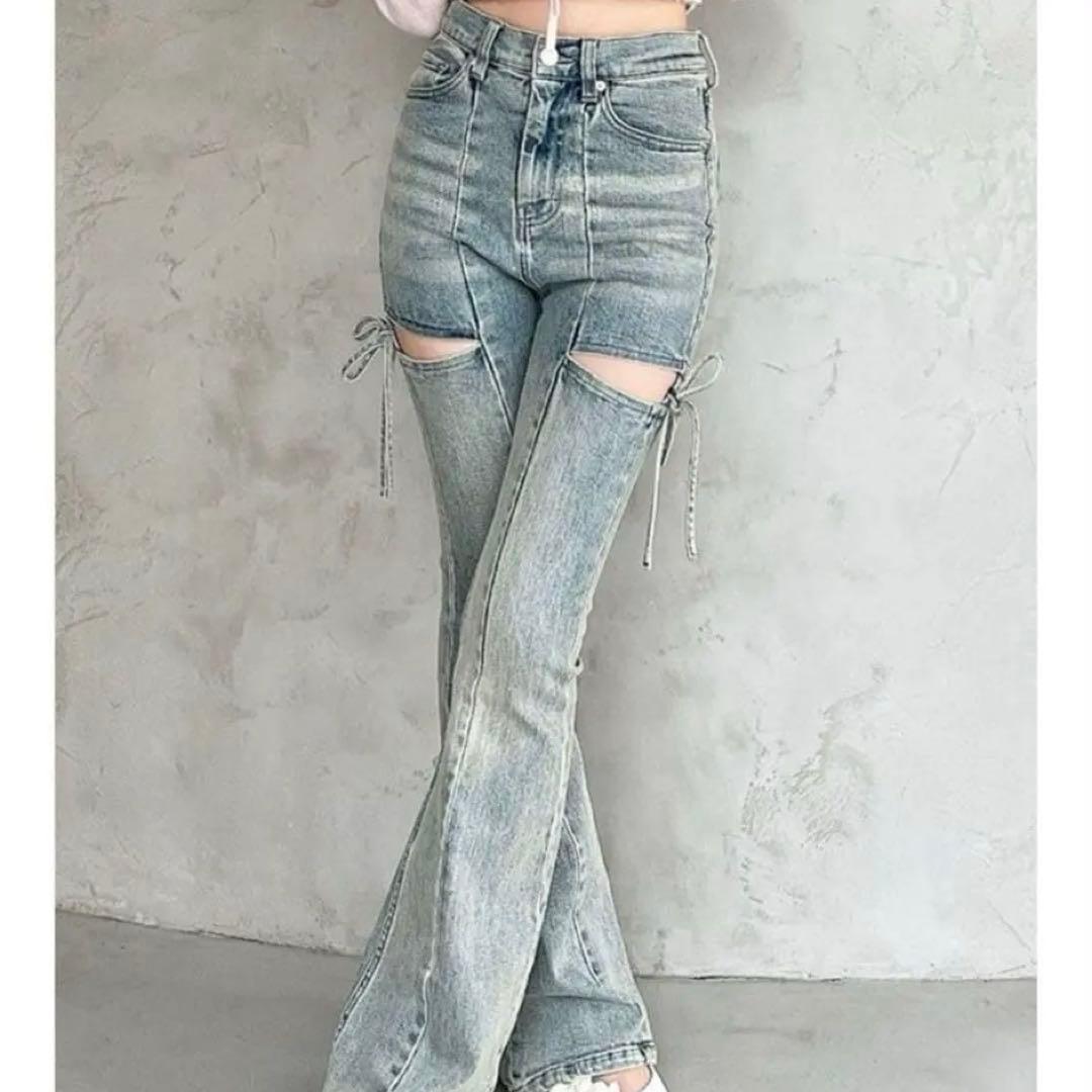美品 RESEXXY カットアウトリボンデニムパンツ アイスブルー Sサイズ