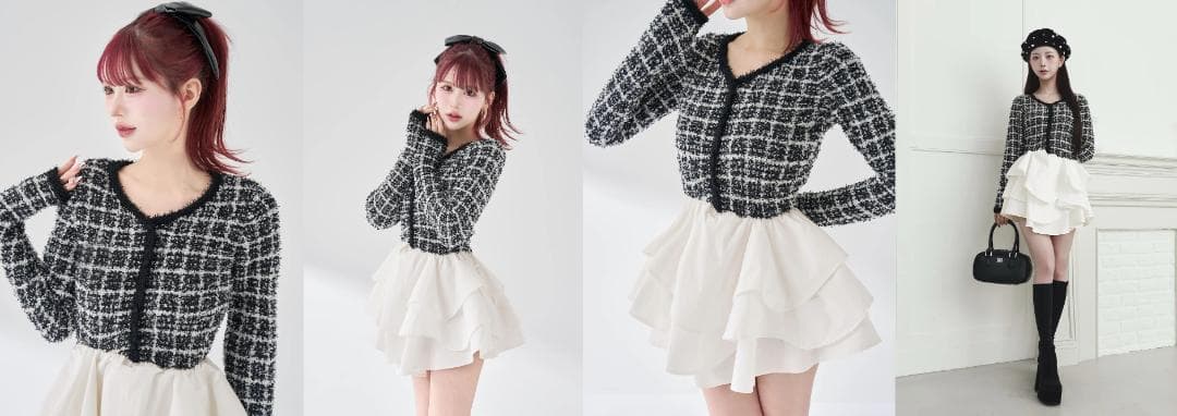 ダーリッチ darich ボリュームフリルツイードニットミニワンピース BLK