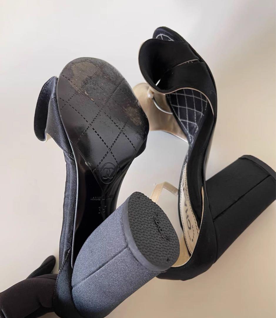 シャネルCHANEL リボン付きサンダル 中ヒール ブラック/アイボリー