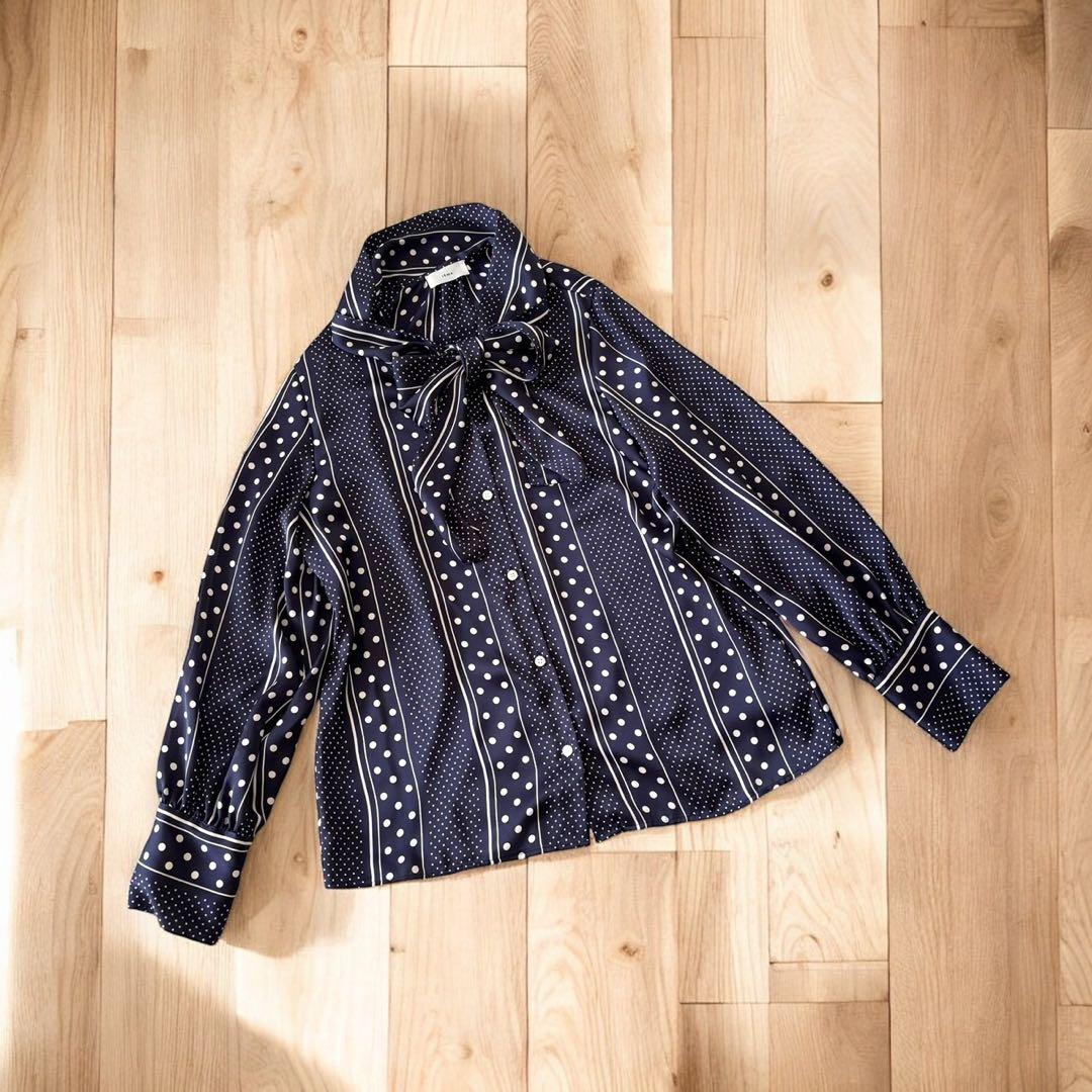 IENA イエナ ボウタイVネックブラウス ネイビー ドット柄 日本製