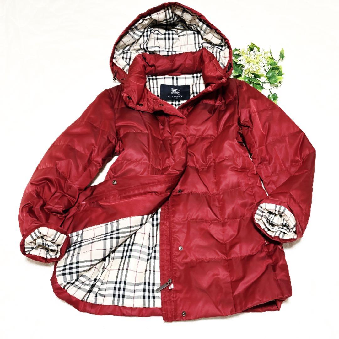 新品級 バーバリーロンドン ダウン ノバチェック 総柄 フード 赤 M 三陽商会