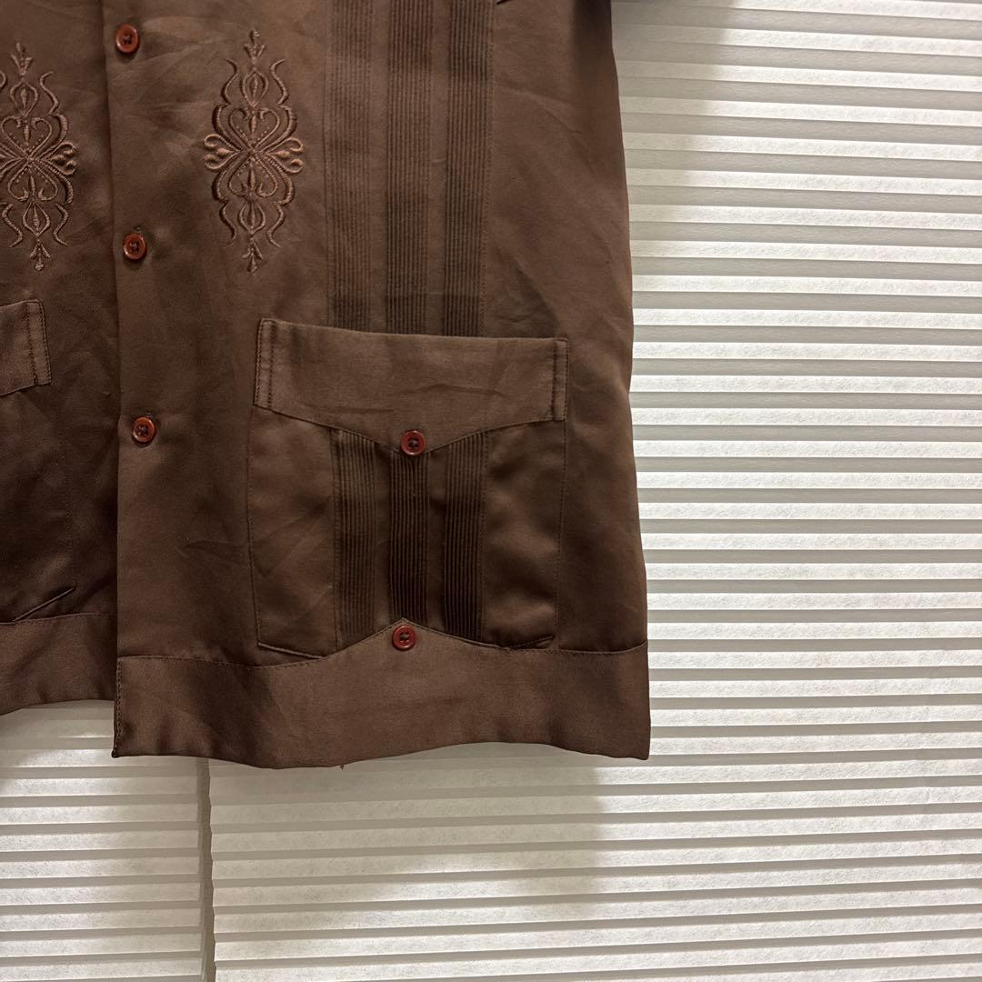 80s 90s 刺繍入り キューバシャツ ブラウン サテン