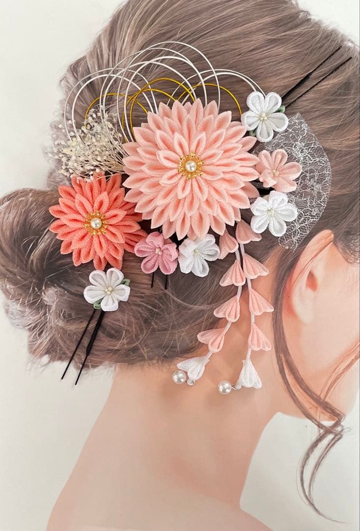 【めぐりんこ】つまみ細工　髪飾り✴︎結✴︎赤オレンジベージュNo.470再販2