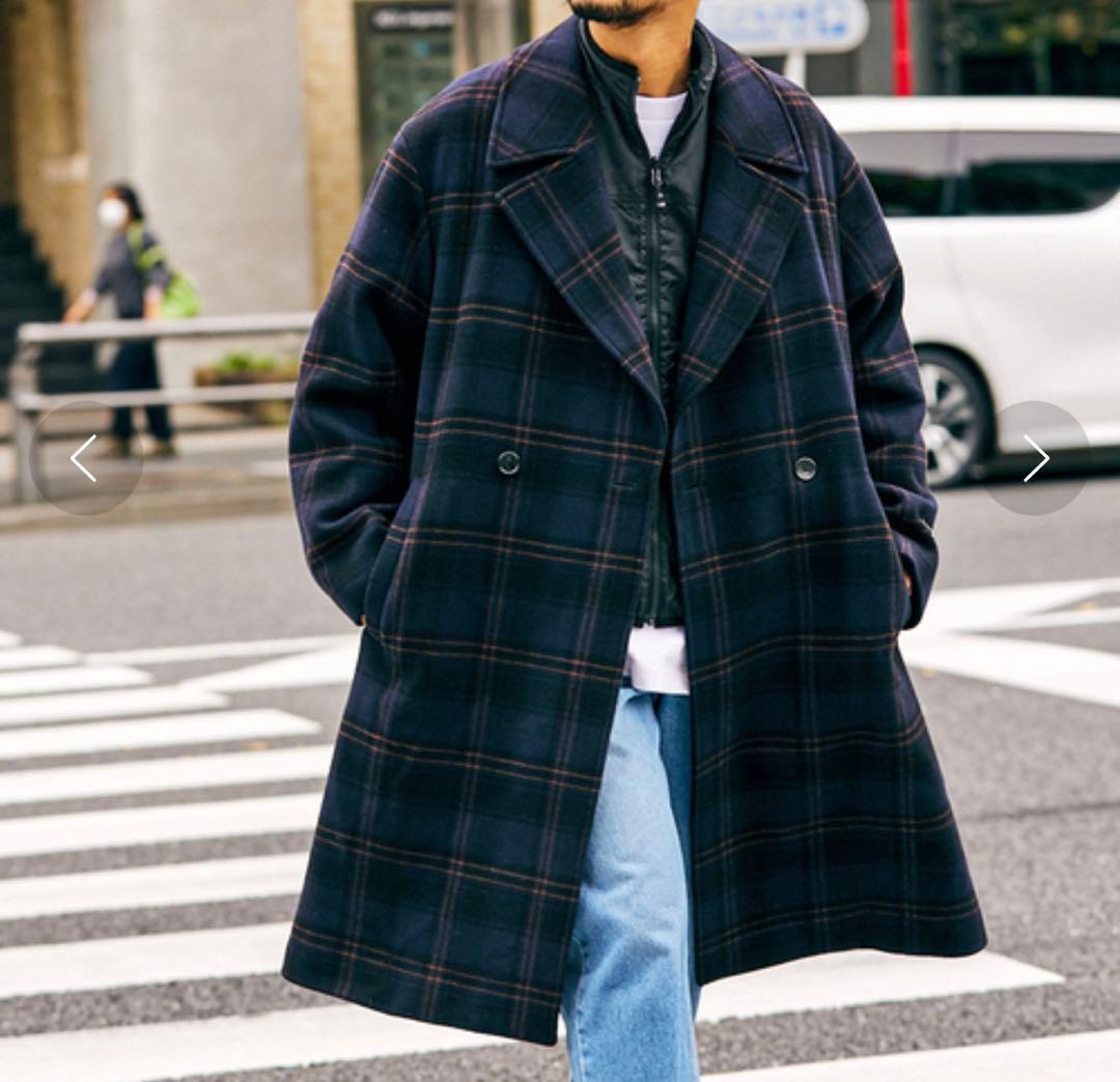 ネイビー チェック ダブルブレスト コートL【〜1/25 SALE】
