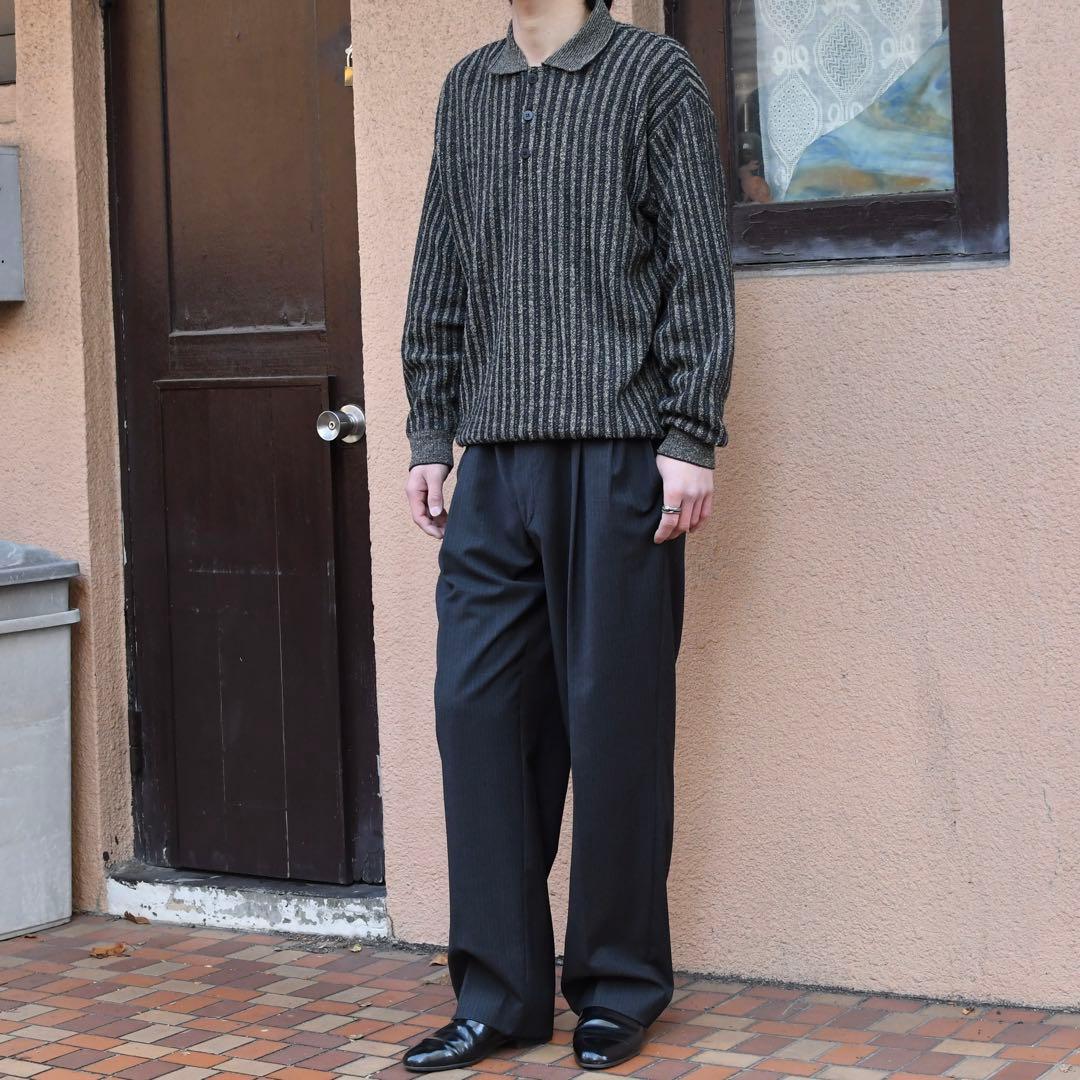 古着 ストライプ ニットポロ ニット セーター デザインニット チャコールグレー