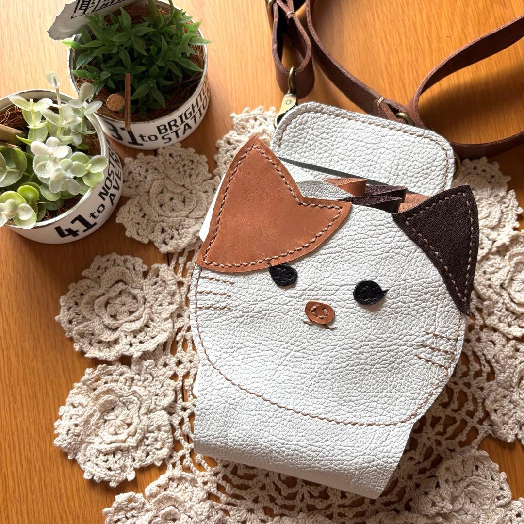 牛革　ネコちゃんフェイス　シザーケース　本革　レザー　トリマー　三毛猫　顔美容師