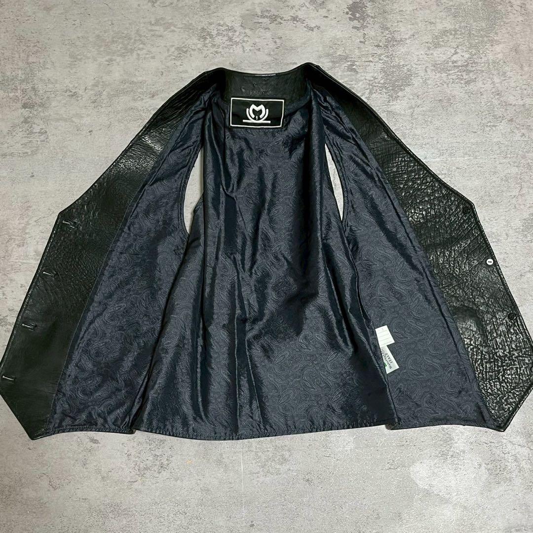 イタリア製 レザー ベスト オーストリッチ 型押し ブラック メンズ