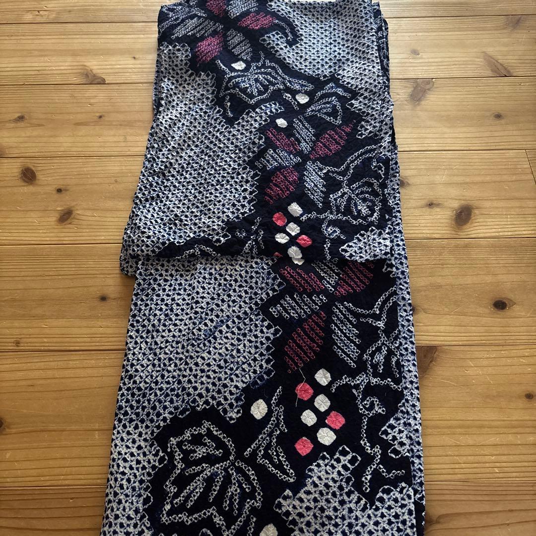 【SALE】有松鳴海絞り浴衣 手縫い 身丈161 葡萄 花紋 ヴィンテージ 浴衣