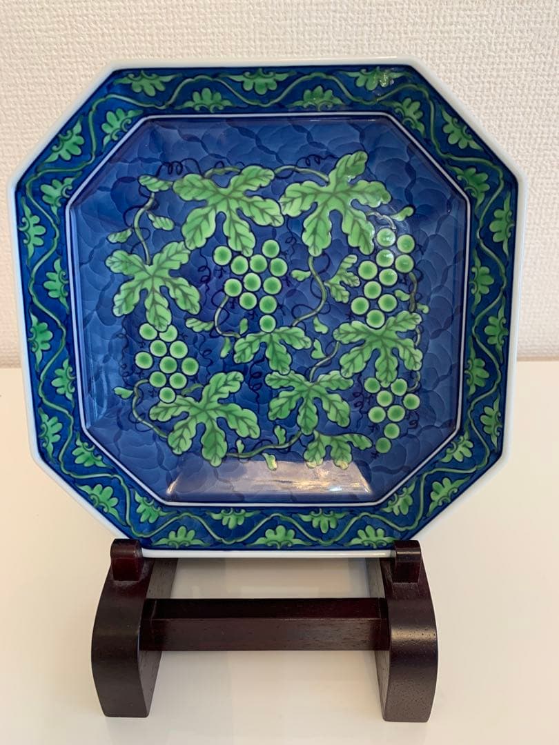 源右衛門窯　緑彩葡萄絵方皿　【新品-未使用】