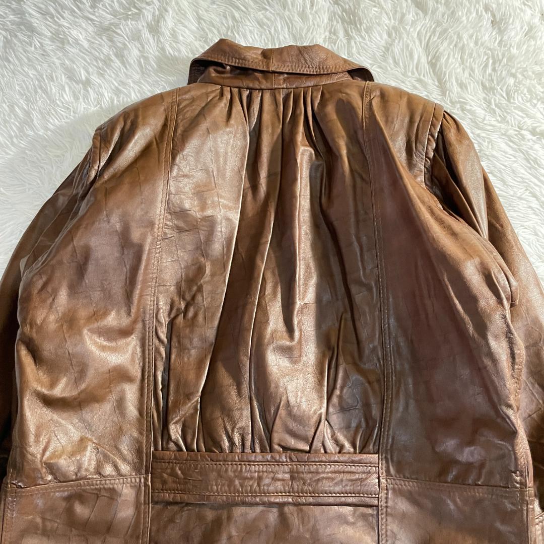 タグ付 80s 伊製 本革 羊 クロコ型押し コート 裏地スカーフ柄 F ダブル