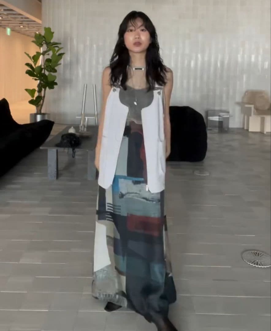 スカート Ameri ART COLLAGE PRINT SHEER SKIRT