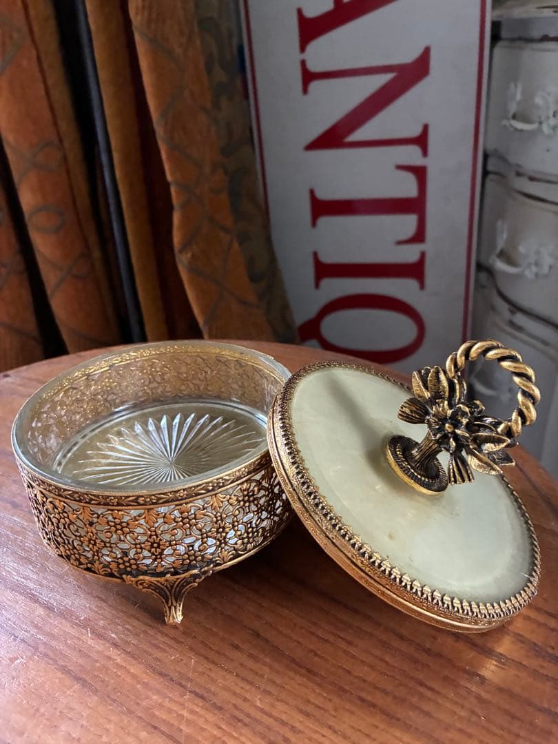 フランス　アンティーク　オルモル　ガラス　ジュエリー　ボックス　真鍮　美品　レア