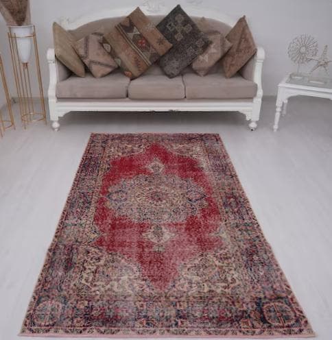 トルコヴィンテージラグ A61 レア レッド ネイビー ブルー グリーン