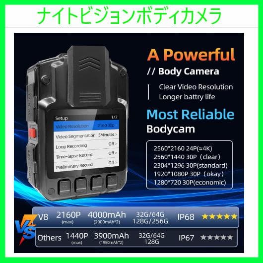 ボディカメラ 64GB 2*2000mAh 2160P HD赤外線暗視 動き検出
