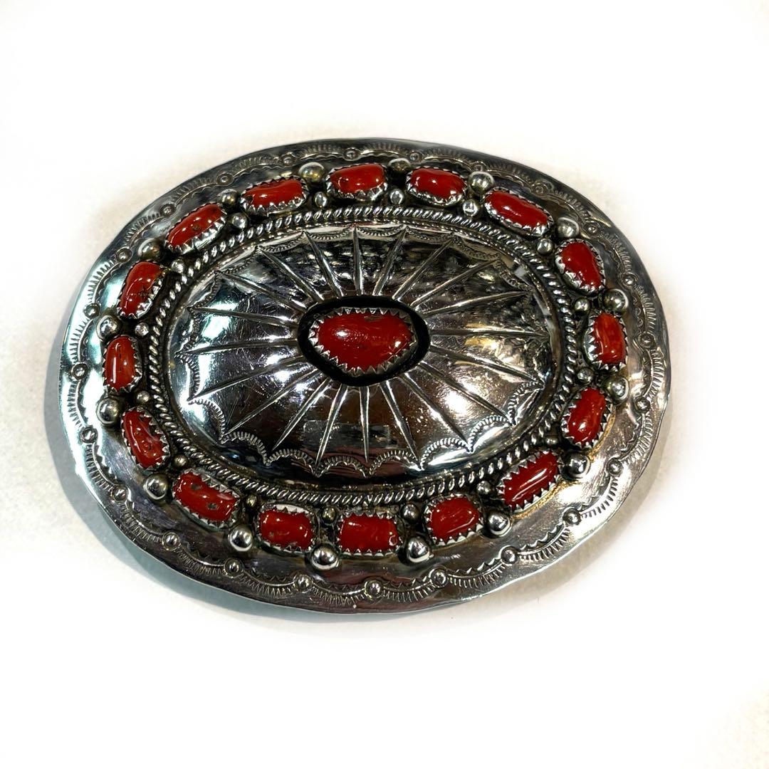 ビンテージ　インディアンジュエリー　バックル　シルバー　コーラル　スターリング