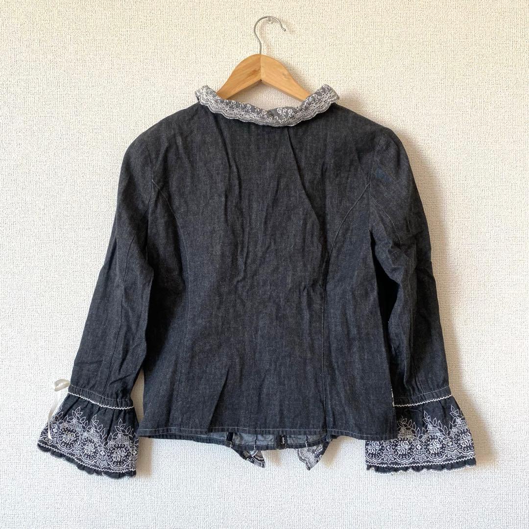 PINK HOUSE デニムトップス 重ね着風 フリル刺繍 リボン