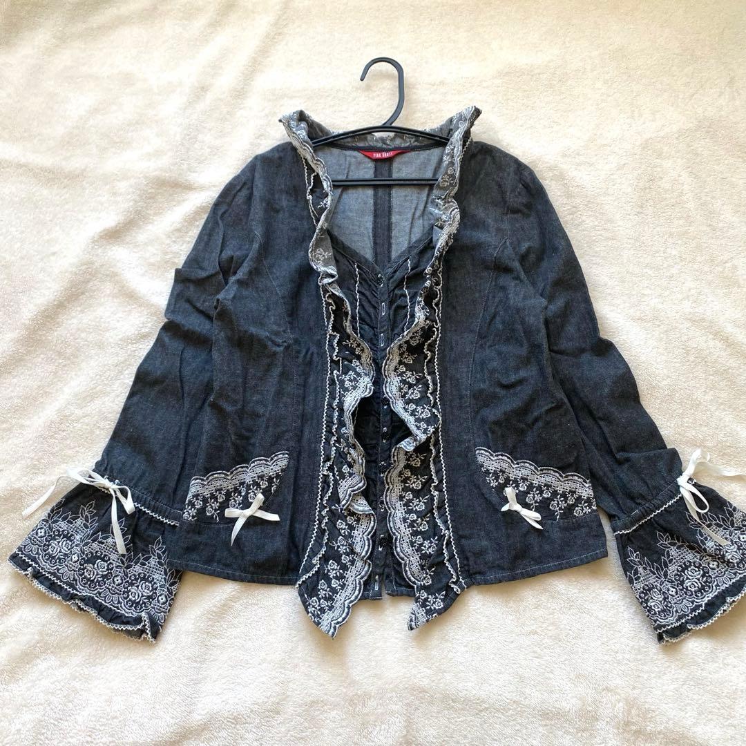 PINK HOUSE デニムトップス 重ね着風 フリル刺繍 リボン