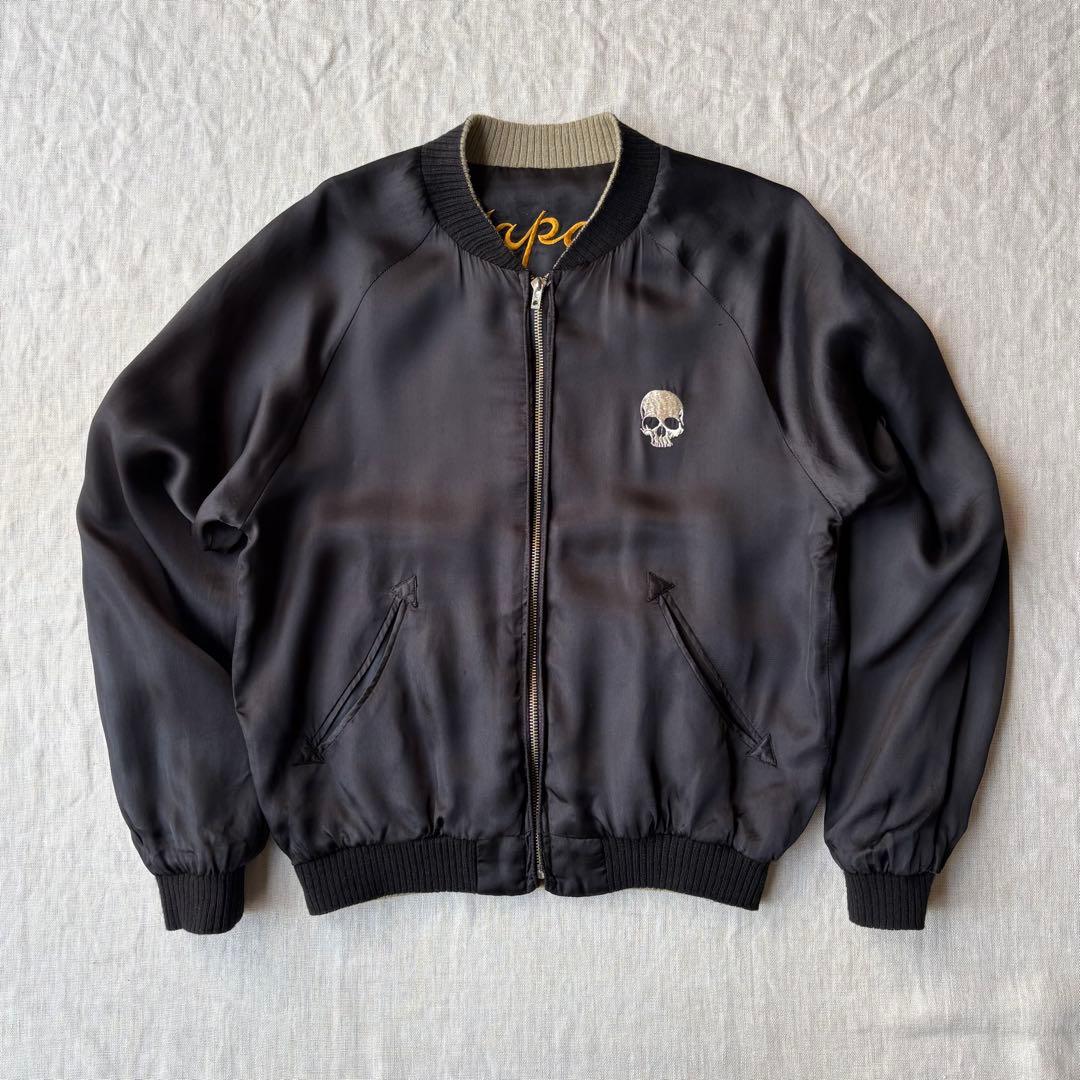SKULL WORKS スカル 骸骨 龍 刺繍 スカジャン ブラック レーヨン