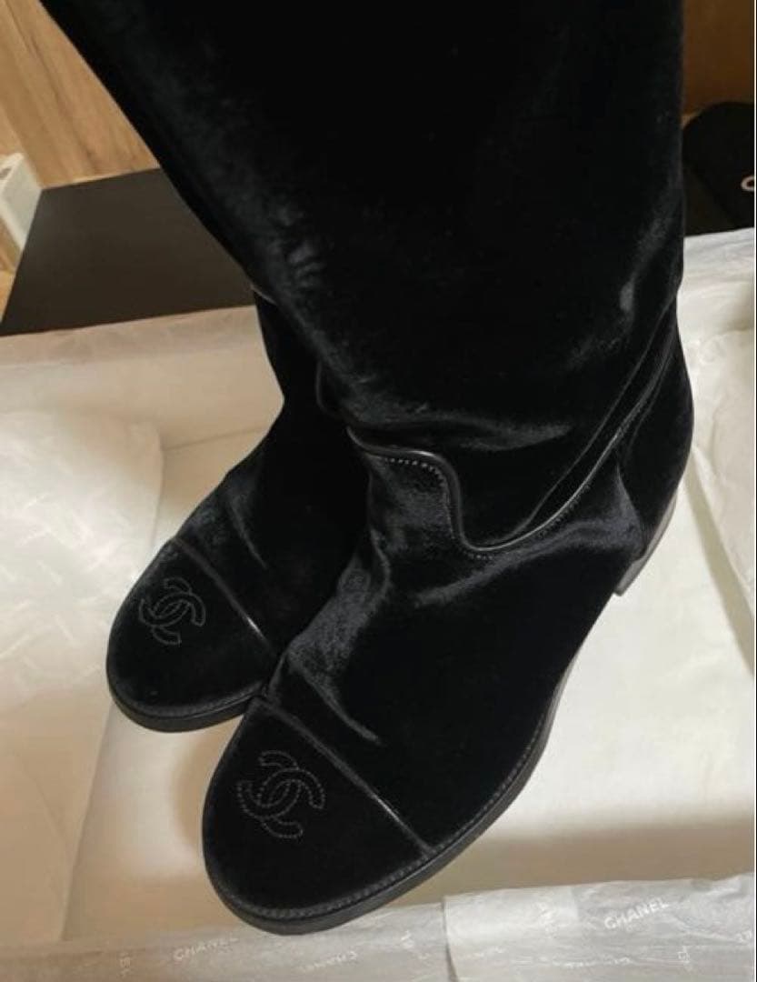 専用◇CHANELシャネルロングブーツベルベットベロアレザーCCロゴ黒本革37