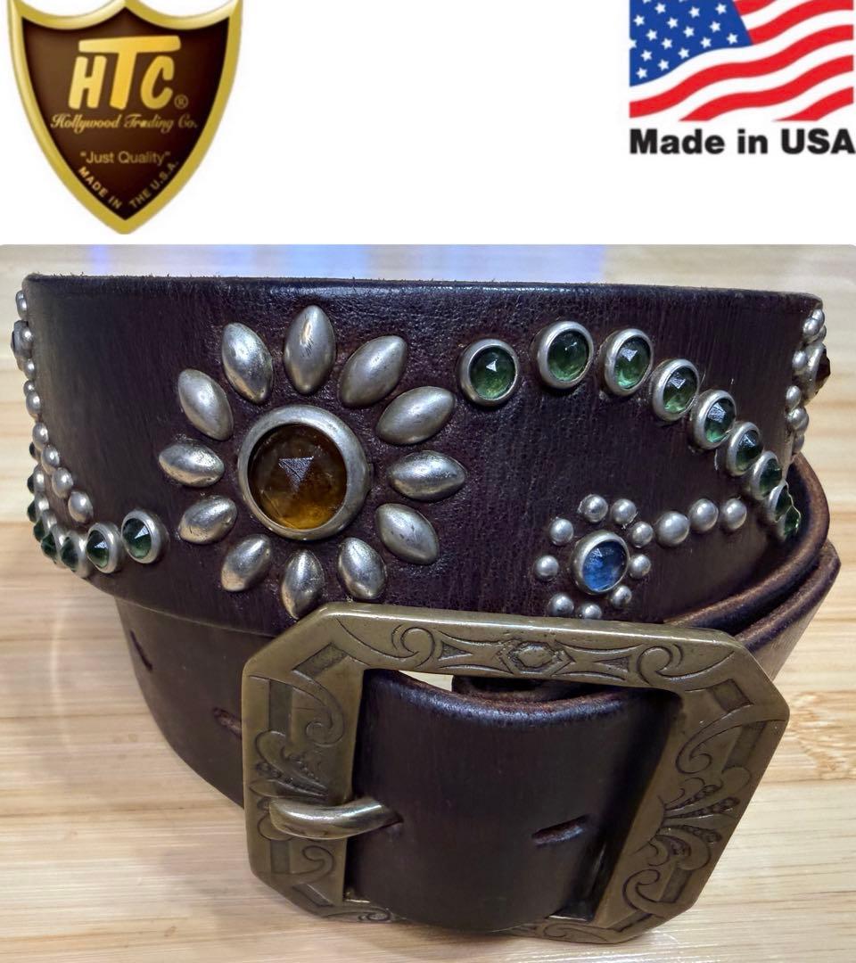 レア⭐️HTC⭐️ヴィンテージバックル&フラワースタッズ⭐️黒革×マルチストーン⭐️34