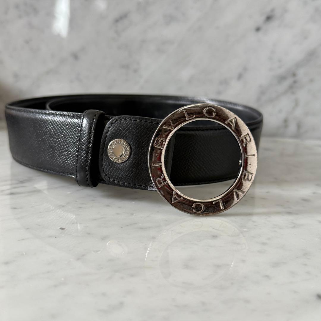 BVLGARI ブルガリ ベルト 本革 ブラック シルバー 太幅 リング