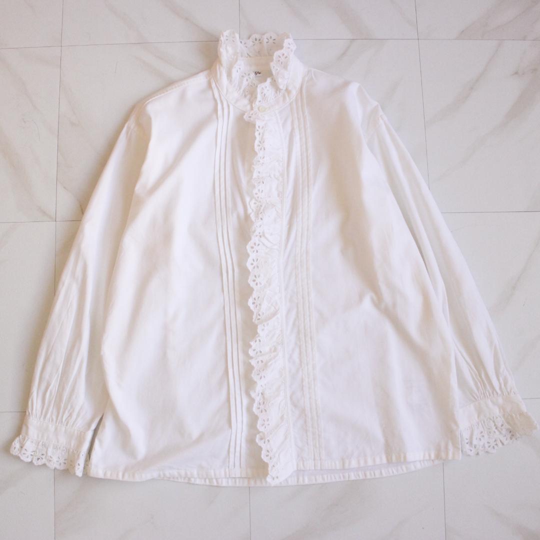 45R 薄オックスのフリルブラウス Lサイズ ホワイト 現行タグ