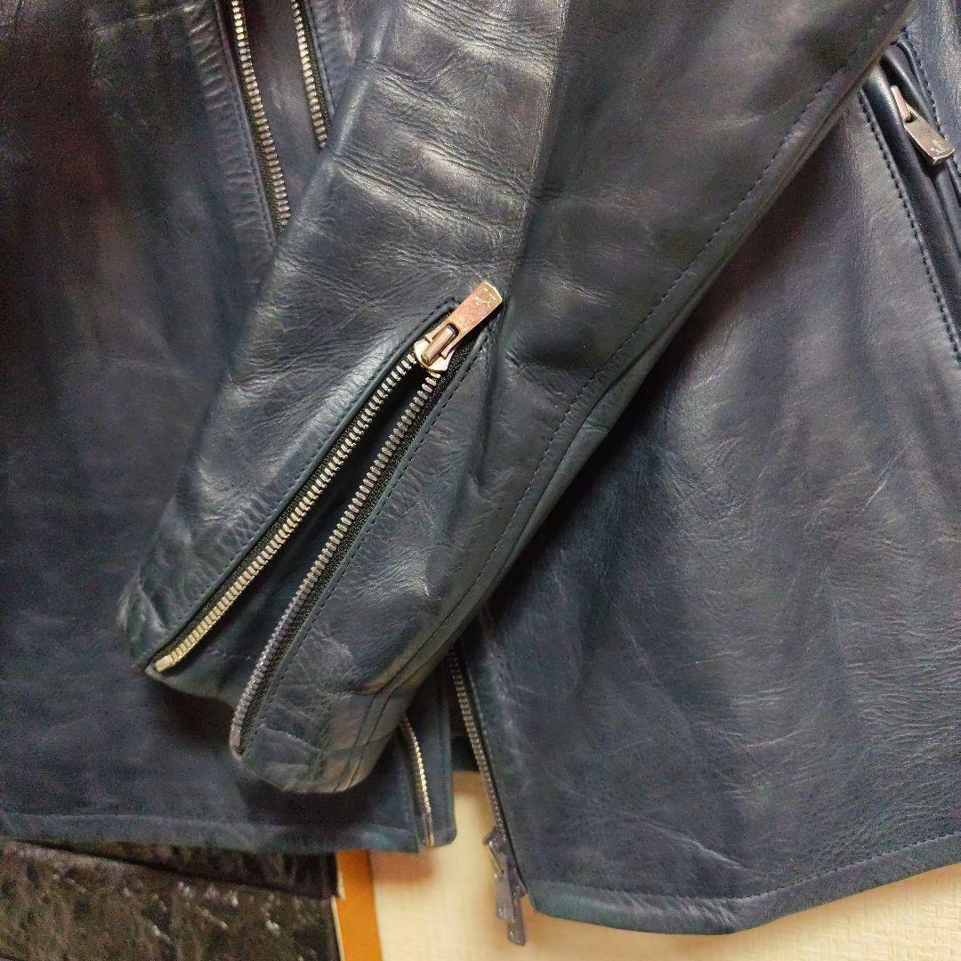 ノーアイディー　希少色ダークブルー本革（牛革）ダブルブレストライダースジャケット