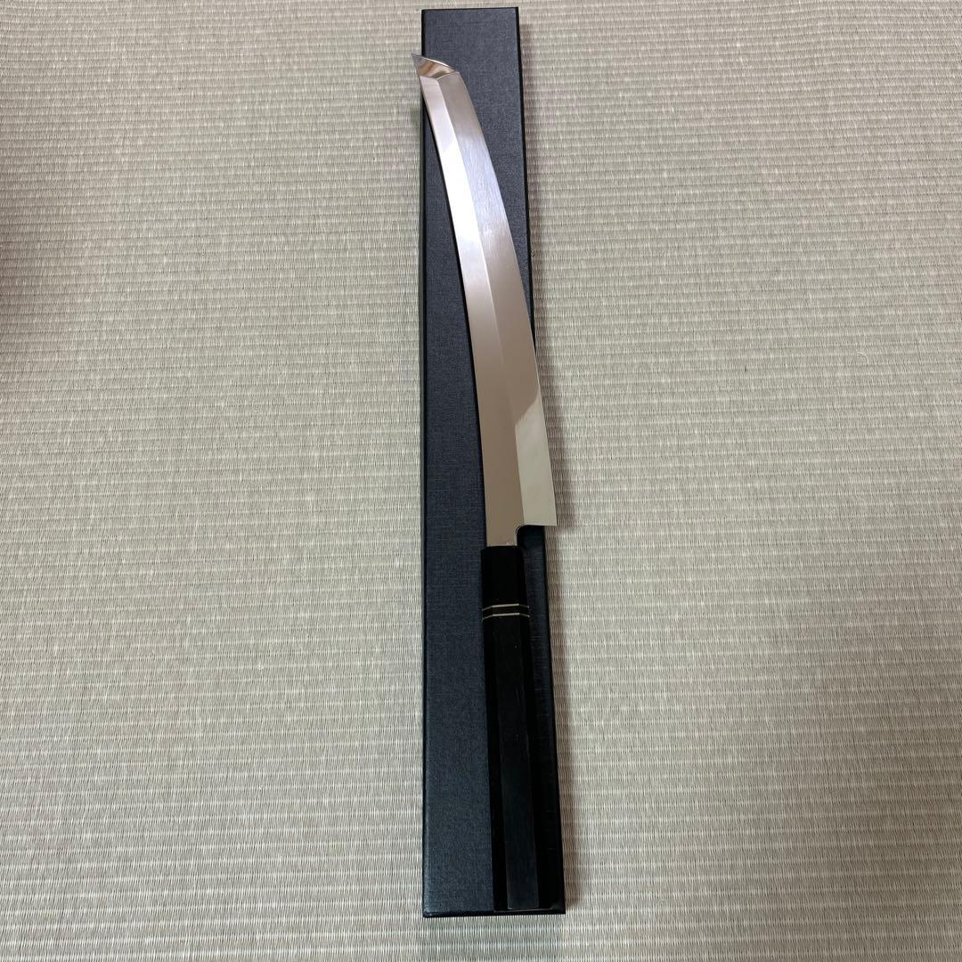 先丸　柳刃　包丁　和包丁　V金10号　本焼　鏡面　鬼反り　尺二　黒檀黒水牛八角柄