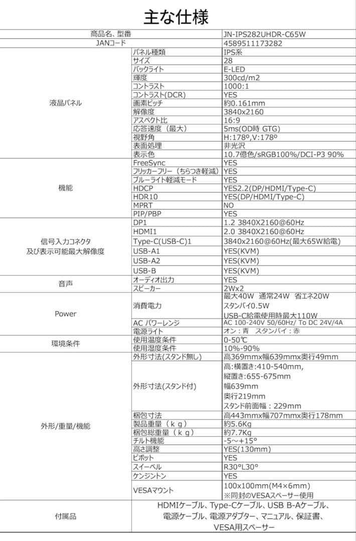 JAPANNEXT 28インチ 4Kモニター IPSパネル