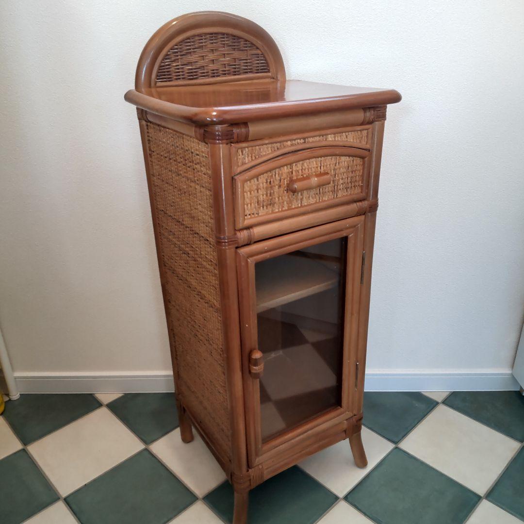 【ラタン電話台】ガラス扉 籐 チェスト 昭和レトロ　ヴィンテージ