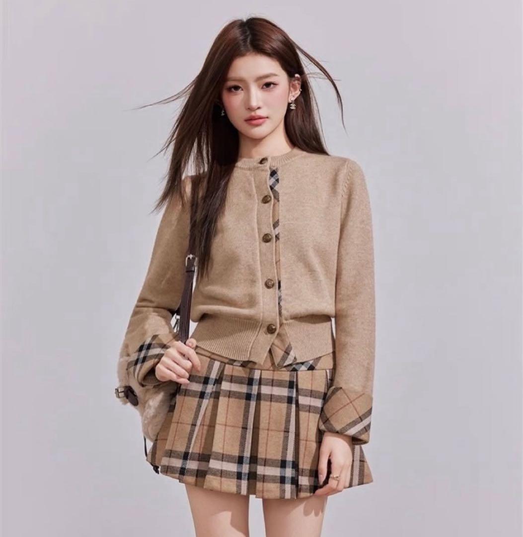 チェックラインニットカーディガン・スカート セットアップ