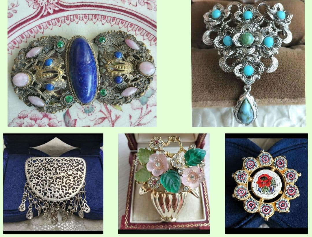 ターコイズカボションの花 シルバーカラー スイングするブローチ と他4点