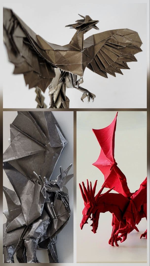 そらたん折り紙作品3点おまとめ( 銀ドラゴン・赤ドラゴン・金フェニックス)