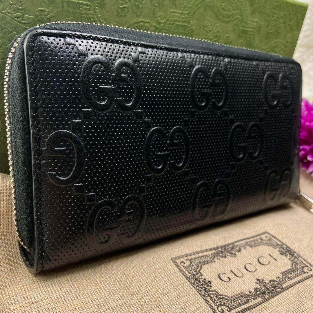 極美品 GUCCI グッチ 長財布 GGエンボス ファスナー ブラック 保存袋付