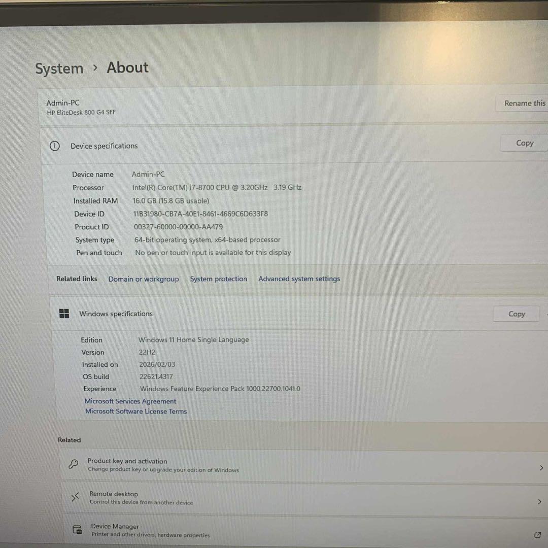 Windowsデスクトップ HP ProDesk 600 G4 SFF i7-8700 8GB SSD256