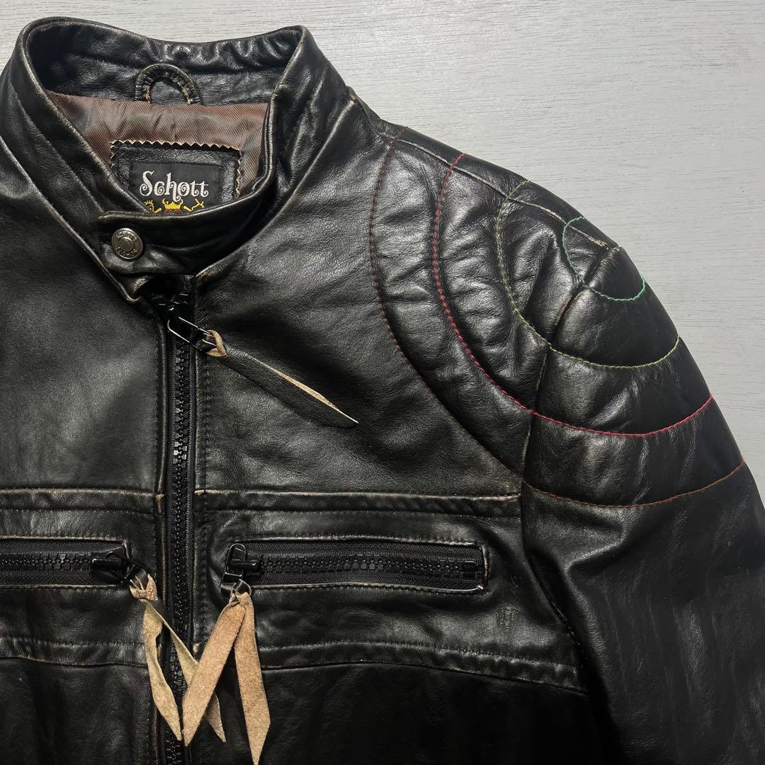 Schott シングルライダースジャケット　牛革　オールレザー　ステッチ　黒　S