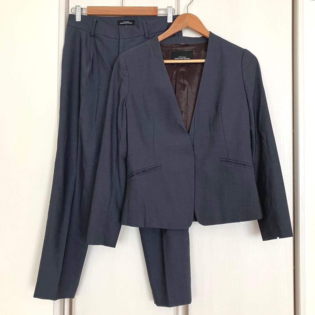 グリーンレーベルリラクシング ノーカラー パンツ スーツ ネイビー 38 総裏