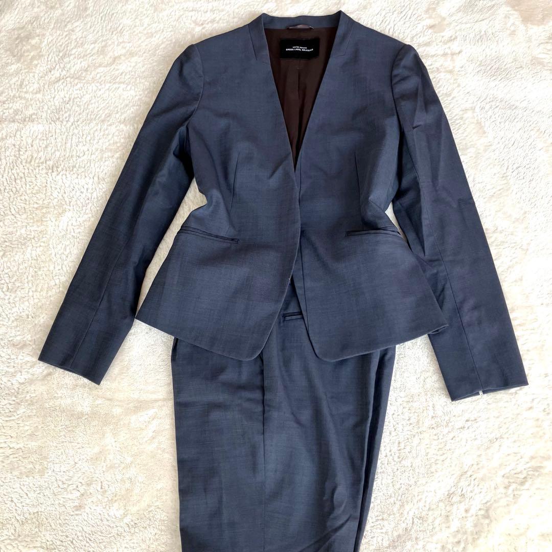 グリーンレーベルリラクシング ノーカラー パンツ スーツ ネイビー 38 総裏