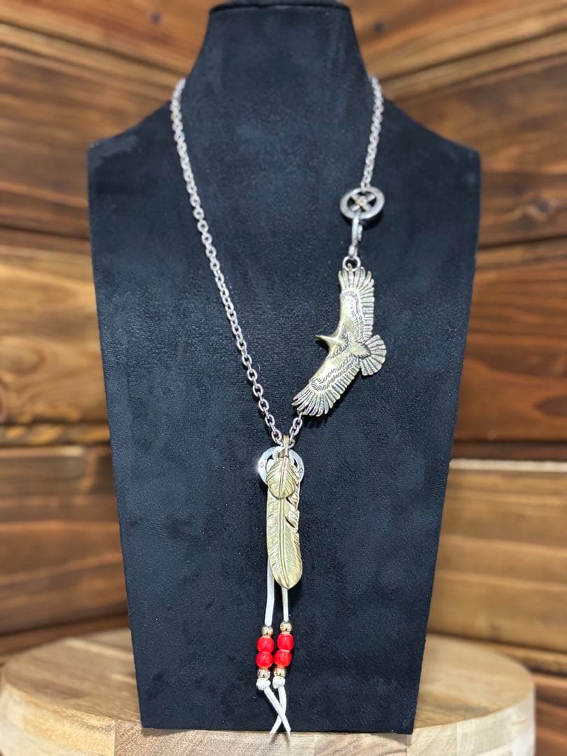 全金フェザーネックレス　イーグル　フェザー　ホワイトハーツ　真鍮