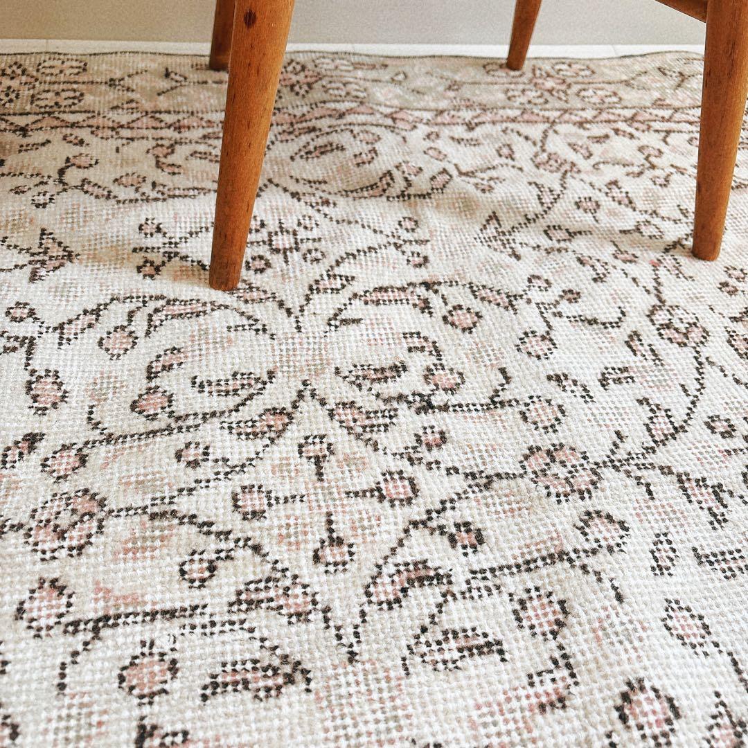 トルコ　ヴィンテージラグ　グリーン　ピンク