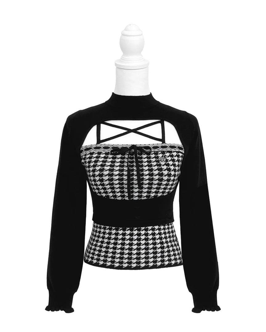 ハニーミュウ　千鳥柄ハイネックアンサンブルトップス　Fサイズ